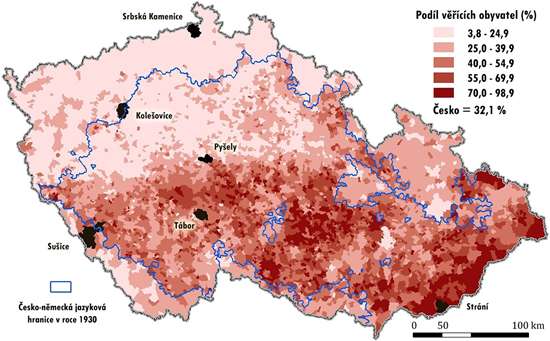 Obr. 1. Religiozita v obcích Česka (2001) a vymezení modelových území, ČSÚ 2008 Obr. 1. Religiozita v obcích Česka (2001) a vymezení modelových území, ČSÚ 2008