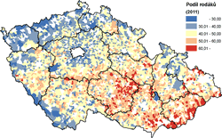 Podíl rodáků ve venkovských obcích v roce 2011 Podíl rodáků ve venkovských obcích v roce 2011