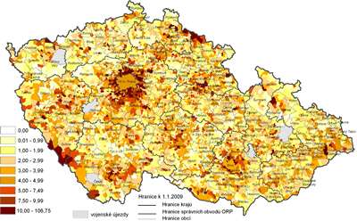 Graf 3: Intenzita bytové výstavby 1997–2008 podle obcí ve správních obvodech ORP