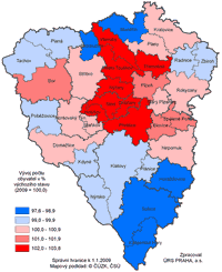 Vývoj počtu obyvatel v&nbsp;letech 2009–2030 dle SO&nbsp;POÚ Plzeňského kraje v&nbsp;% výchozího stavu