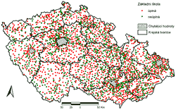 Obr. 3. Stav sítě základních škol k&nbsp;roku 2004, Česko