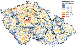 Index změny počtu obyvatel v&nbsp;období 2001–2011 ve venkovských obcích