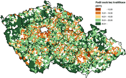 Podíl osob ve věku 15+ bez kvalifikace ve venkovských obcích v&nbsp;roce 2011