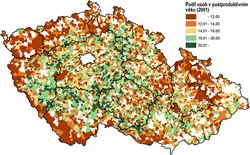 Podíl obyvatelstva ve věku 65+ ve venkovských obcích v&nbsp;roce 2001