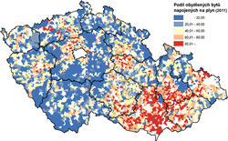 Podíl obydlených bytů se zavedeným plynem ve venkovských obcích v&nbsp;roce 2011