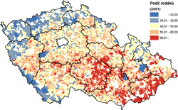Podíl rodáků ve venkovských obcích v&nbsp;roce 2001