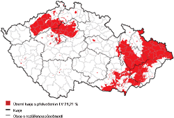 Mapa oblastí ČR s&nbsp;překročenými imisními limity pro ochranu zdraví, 2012