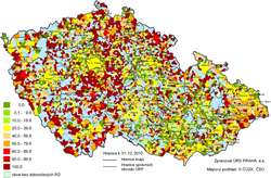 Kartogram 1. Podíl bytů nepřipojených na plynovodní síť zemního plynu v&nbsp;rámci distribuční soustavy ČR z&nbsp;celkového počtu dokončených bytů v&nbsp;RD 2010 podle obcí