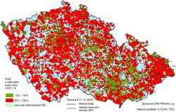 Kartogram 3. Podíl bytů nepřipojených na plynovodní síť zemního plynu v&nbsp;rámci distribuční soustavy ČR z&nbsp;celkového počtu dokončených bytů v&nbsp;RD 2010 podle obcí