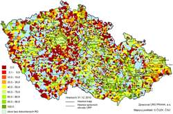 Kartogram 4. Podíl bytů v&nbsp;RD vytápěných zemním plynem (hlavní způsob vytápění) z&nbsp;celkového počtu dokončených bytů v&nbsp;RD 2010 podle obcí