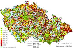 Kartogram 7. Podíl bytů v&nbsp;RD nepřipojených na kanalizační síť z&nbsp;celkového počtu dokončených bytů v&nbsp;RD 2010 podle obcí