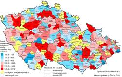 Poměr průměrné podlahové plochy bytů v&nbsp;rodinných domech (energetická třída A/byty celkem) dokončených v&nbsp;letech 2010–2011 podle SO ORP ČR